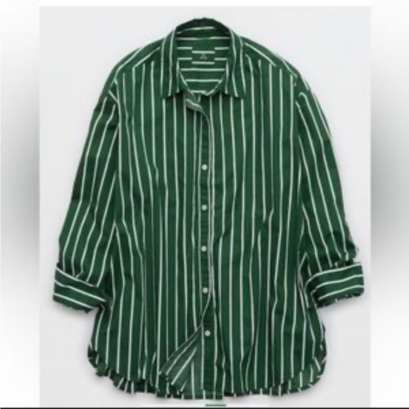 aerie Tops - Aerie Good Day Cover Up Button Down Poplin Shirt - Green & White Striped